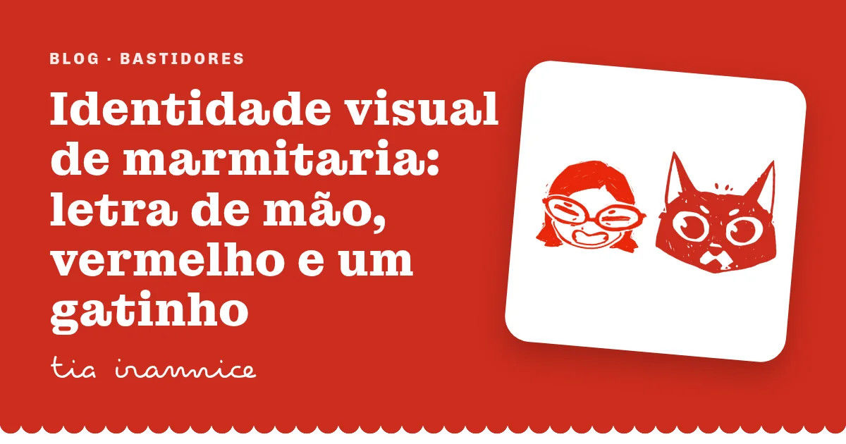 Rosto desenhado da Tia Irannice e gatinho mascote, em traço vermelho, ao lado do título do post