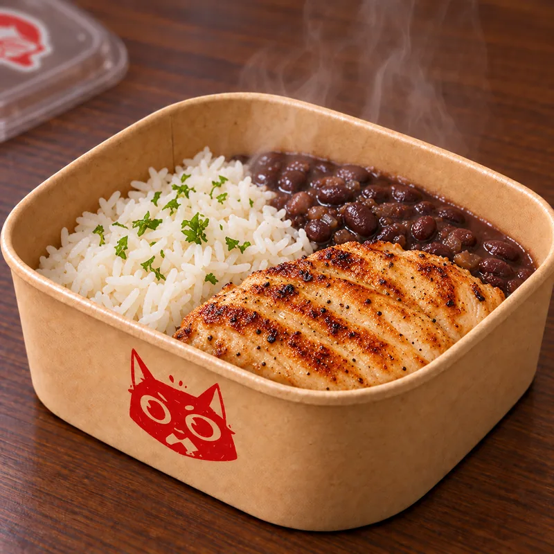 Frango grelhado na chapa com arroz, feijão e salada na marmita kraft da Tia Irannice