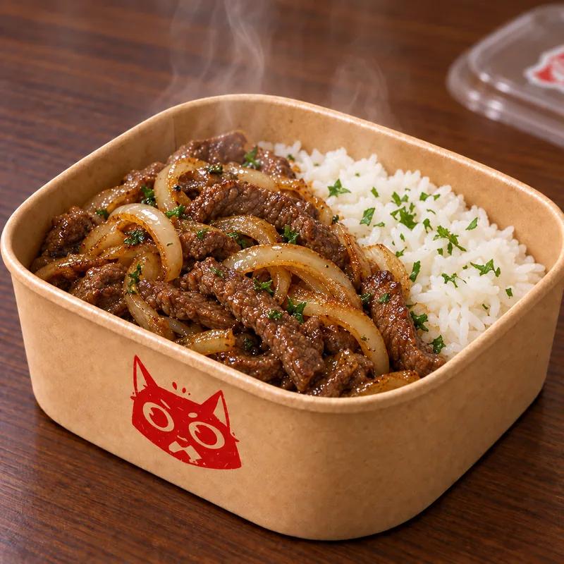 Iscas de carne acebolada com cebola dourada e arroz na marmita kraft da Tia Irannice